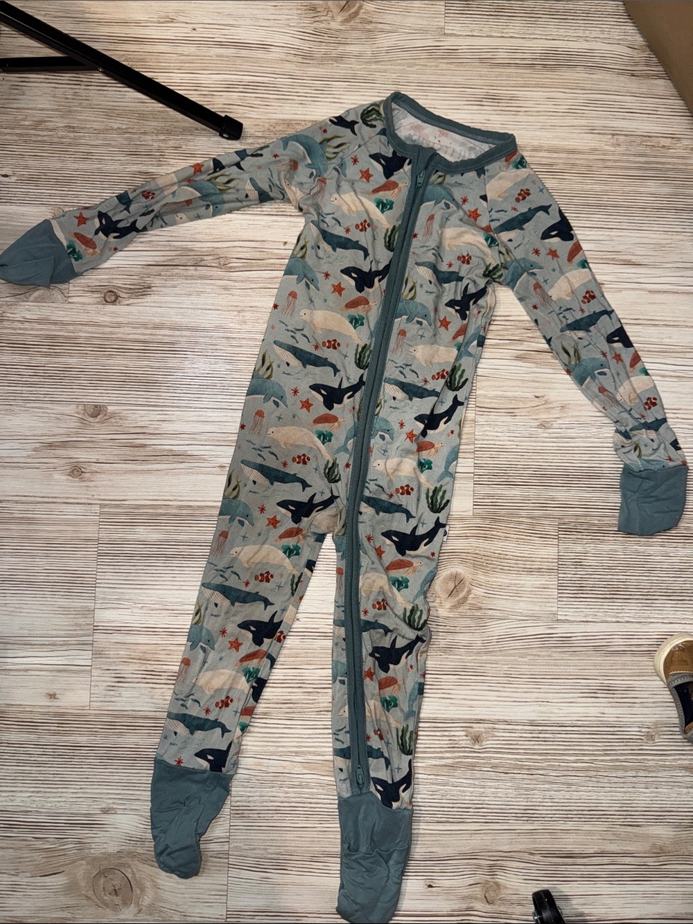 Kind thing bamboo Kids Ocean Shark Print One-Piece Pajamas in Teal